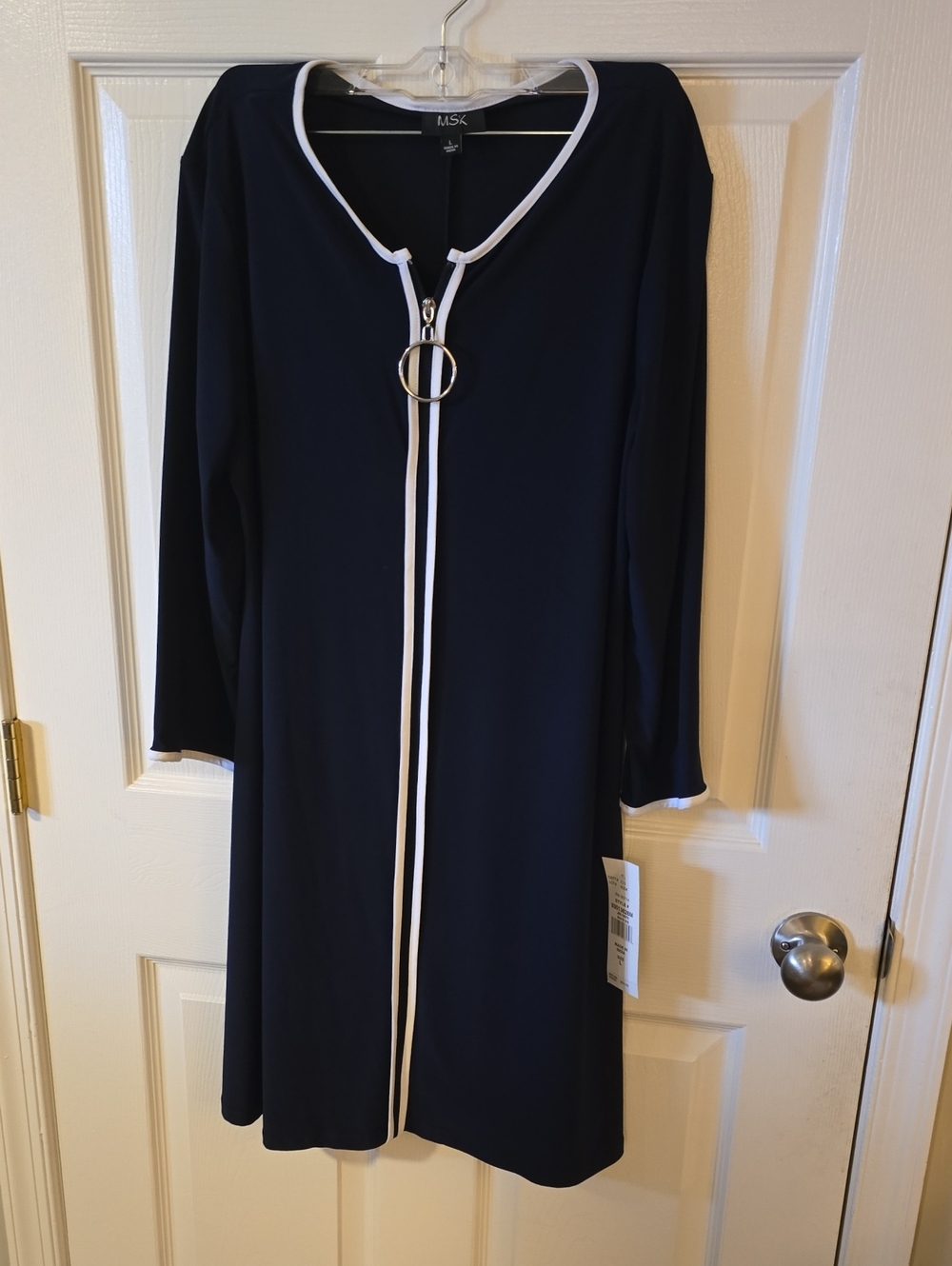 MSK Navy Long-Sleeve Dress with White Trim and Ring Zip Accent